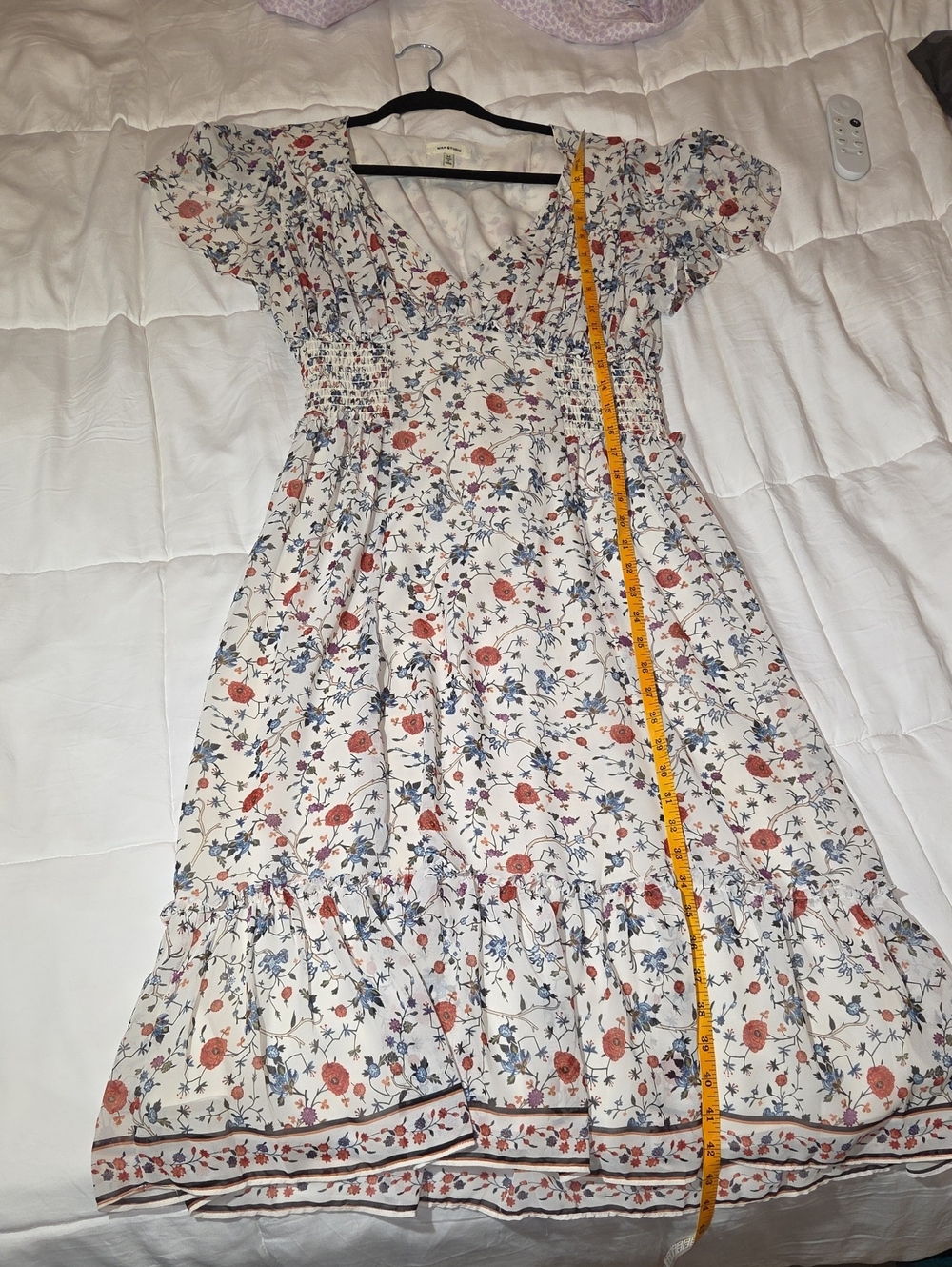 Floral Short-Sleeve Smocked Waist Dress - Cream with Rust & Blue Floral